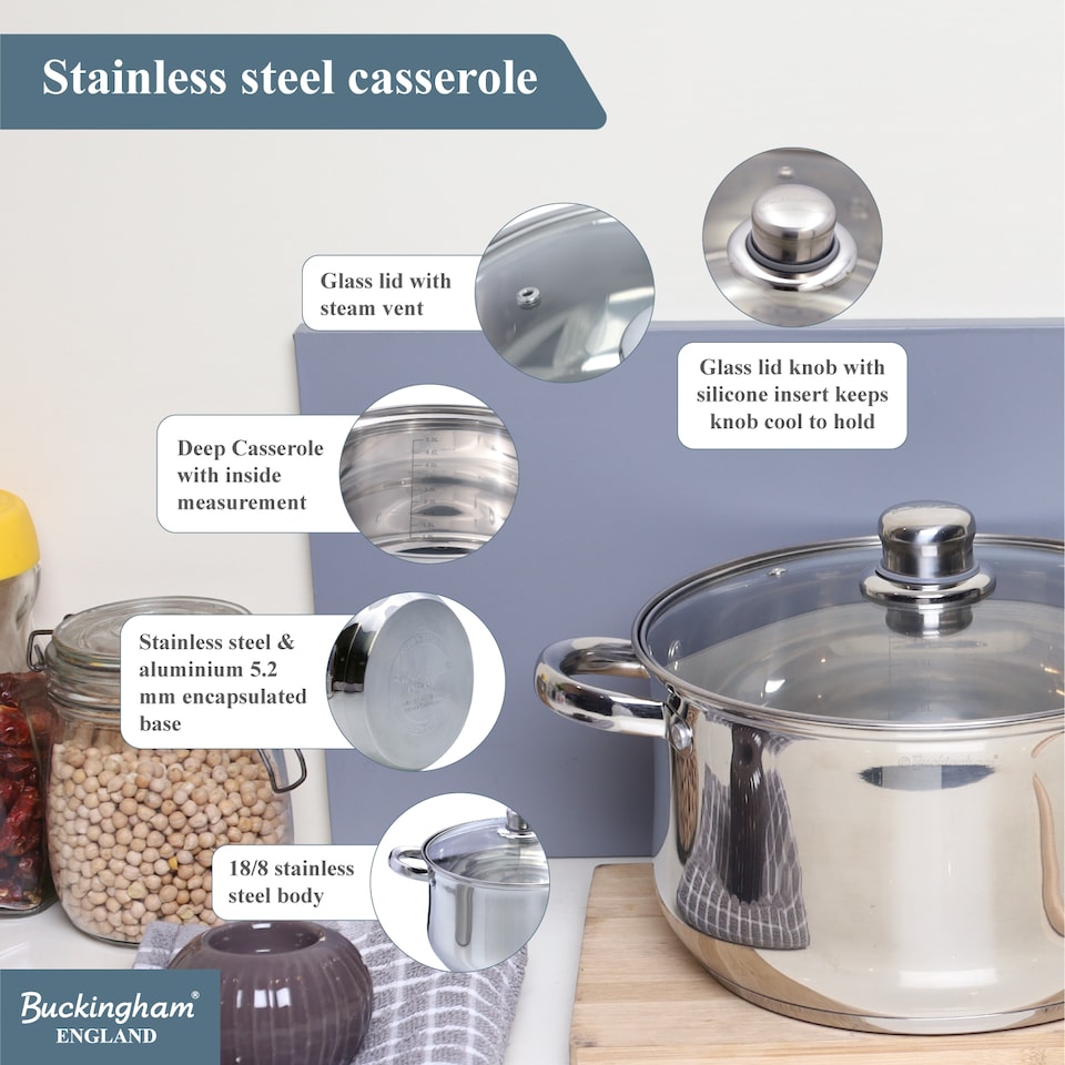 image 1 of Buckingham Stainless Steel Casserole Dish Premium Induction Compatible 24cm , 6 Litres | Silver | 1