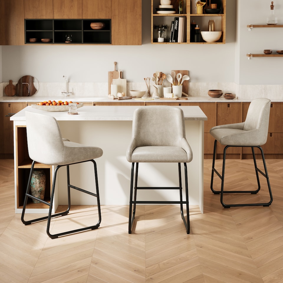 image 1 of 4PCS PU Leather Bar Stools with Metal Frame Backrest and Footrest - Light Grey