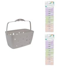 JVL Grey Peg Basket with 48 Soft Touch Flower Clothes Pegs, Assorted Colours