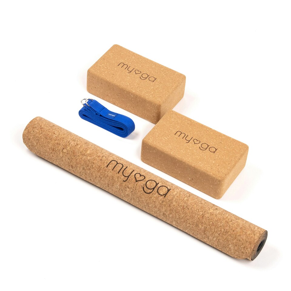 image 1 of Myga Cork Yoga Mat, Pair of Cork Blocks  Strap - Royal Blue