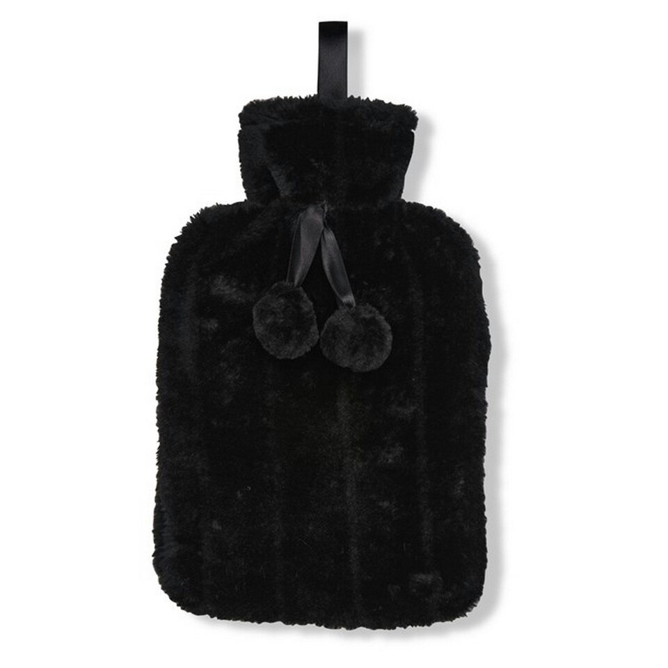 Ribbon Classic Faux Fur Hot Water Bottle Cover - Black - One Size