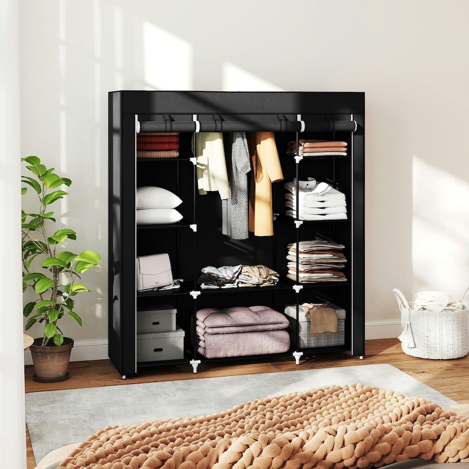 image 1 of HOMCOM Fabric Wardrobe with 10 Shelves 1 Hanging Rail Foldable Closets Black