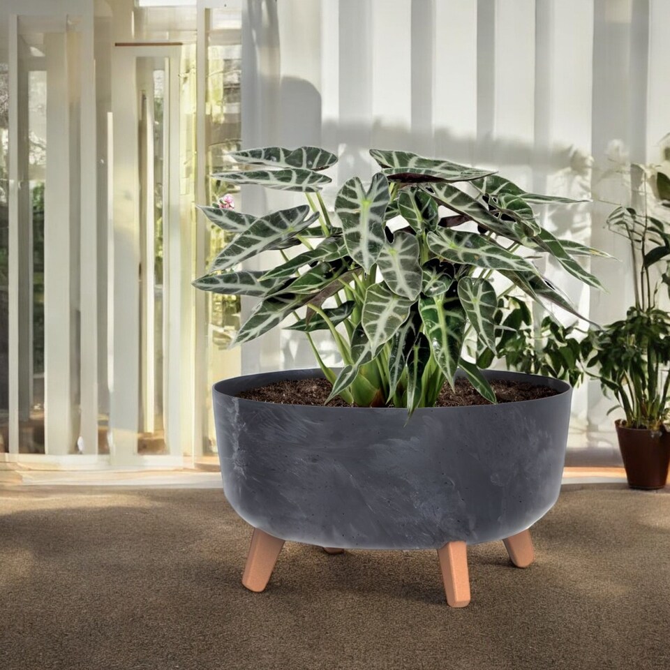 image 1 of 40cm Round Concrete Look Planter with Legs | Black | 1