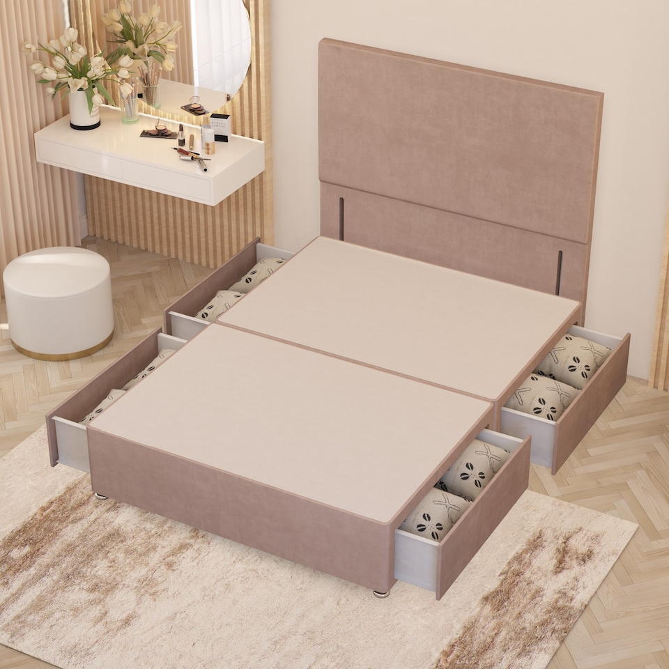 image 1 of Divan Bed Base with 4 Drawers & Plain Floor Standing Headboard Plush Velvet | Pink | Pink