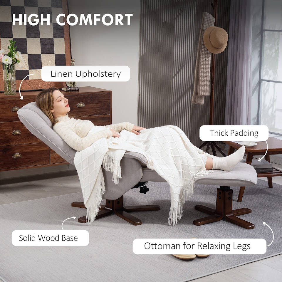 image 1 of HOMCOM Swivel Recliner Chair with Footstool and Wooden Base, Light Grey
