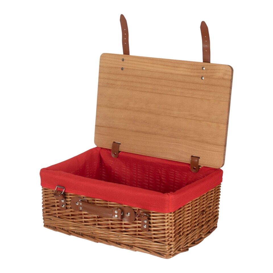 image 1 of 36cm Double Steamed Red Lined Willow Empty Picnic Basket with Pinewood Lid | Brown | Brown | S | 1