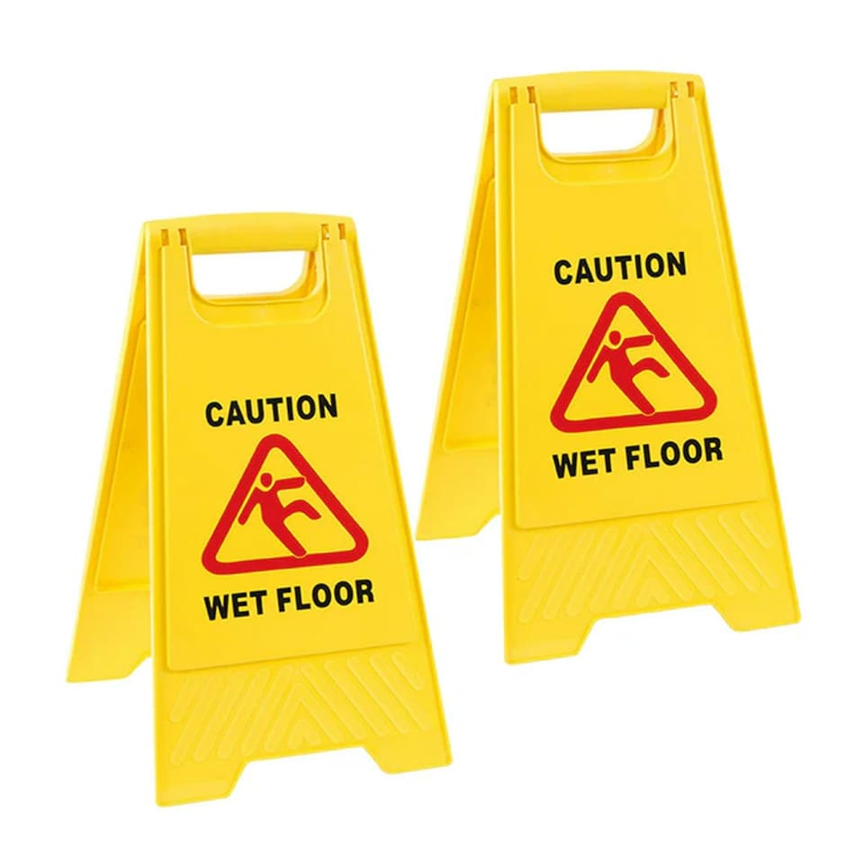 image 1 of 2 x Double sided Bright Yellow Plastic Wet Floor Cleaning In Progress 'A' Sign For Slippery Floors/Washrooms & Public Areas