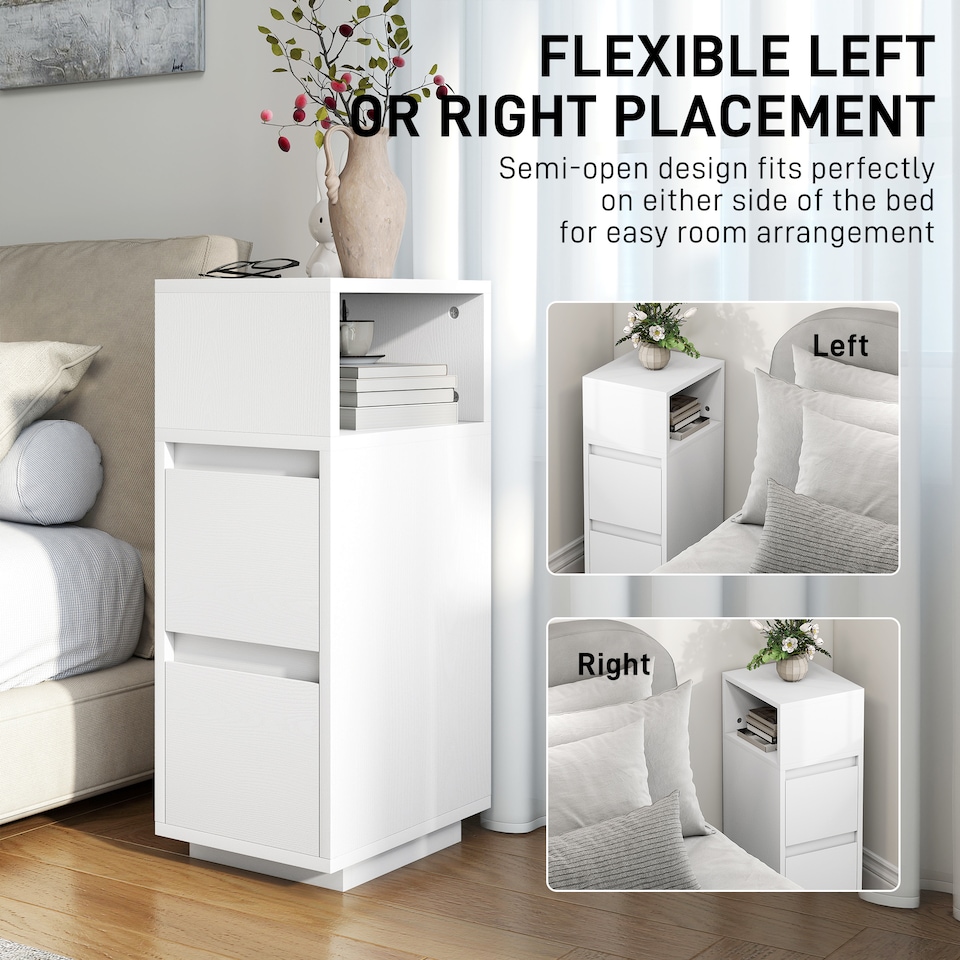 image 1 of HOMCOM Slim Bedside Table, Narrow Bedside Cabinet with Open Shelf and 2 Drawers, Modern Nightstand for Bedroom, Living Room, White | White | White
