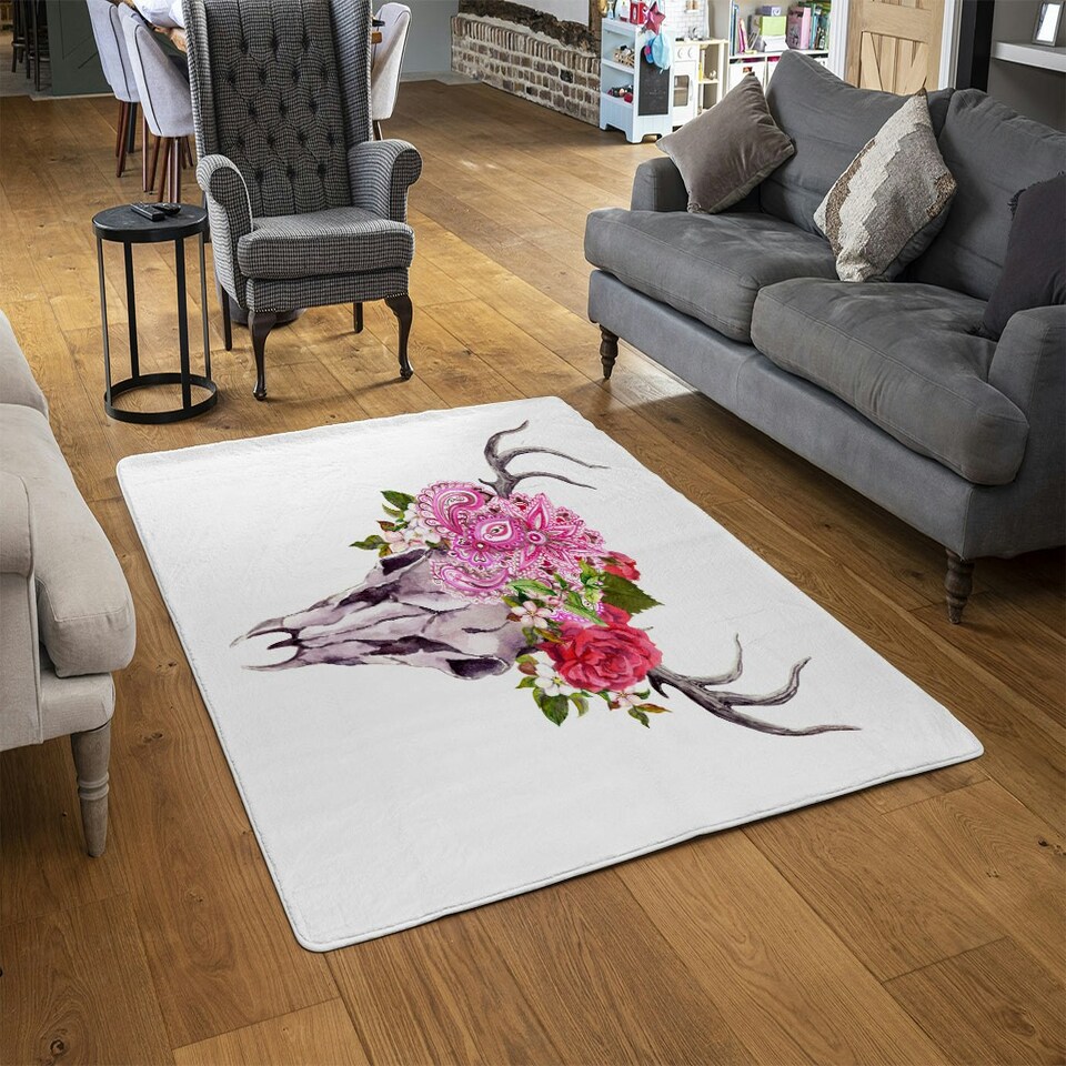 image 1 of Deer animal skull with flowers and feathers (Rug) Pink | Medium: 80x150cm