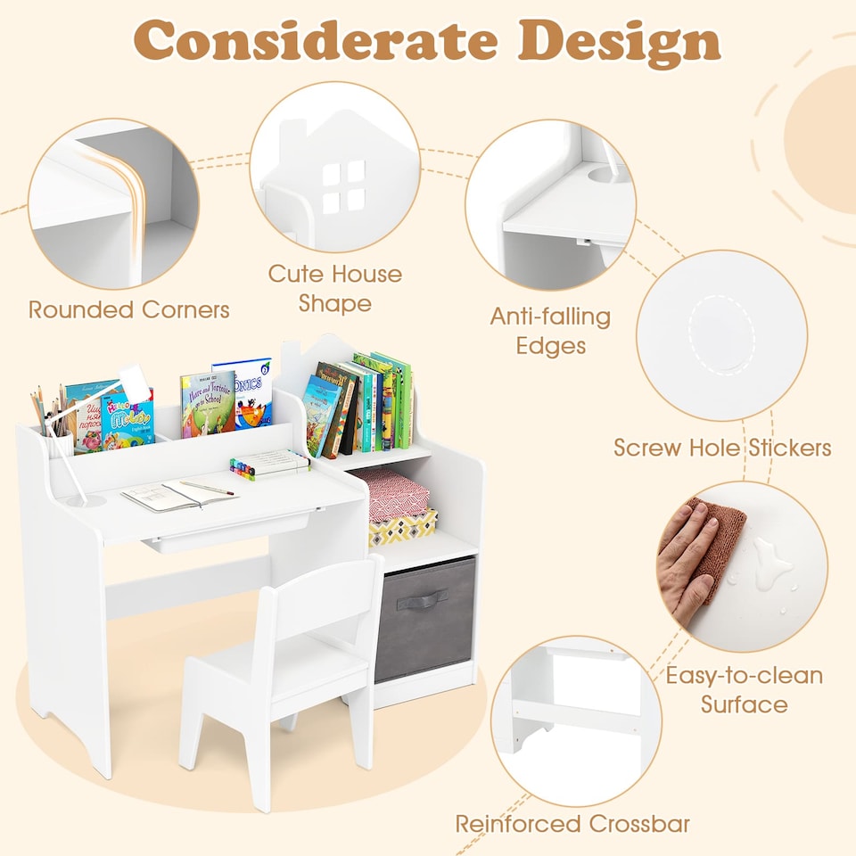 image 1 of COSTWAY Kids Study Desk and Chair Set Children Table White