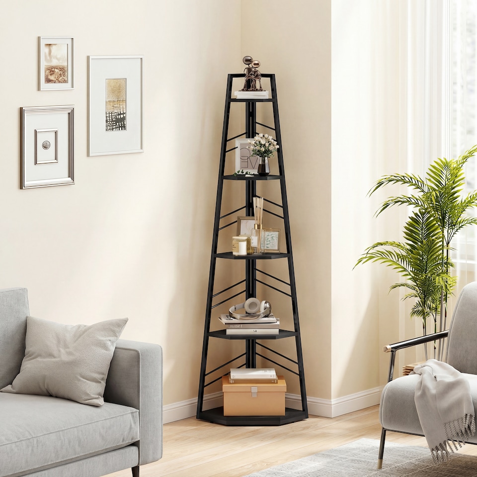 image 1 of HOMCOM 5-Tier Corner Bookcase, Floor Standing Shelving Unit | Black | Black | 36.5 x 36.5 x 159.5 cm