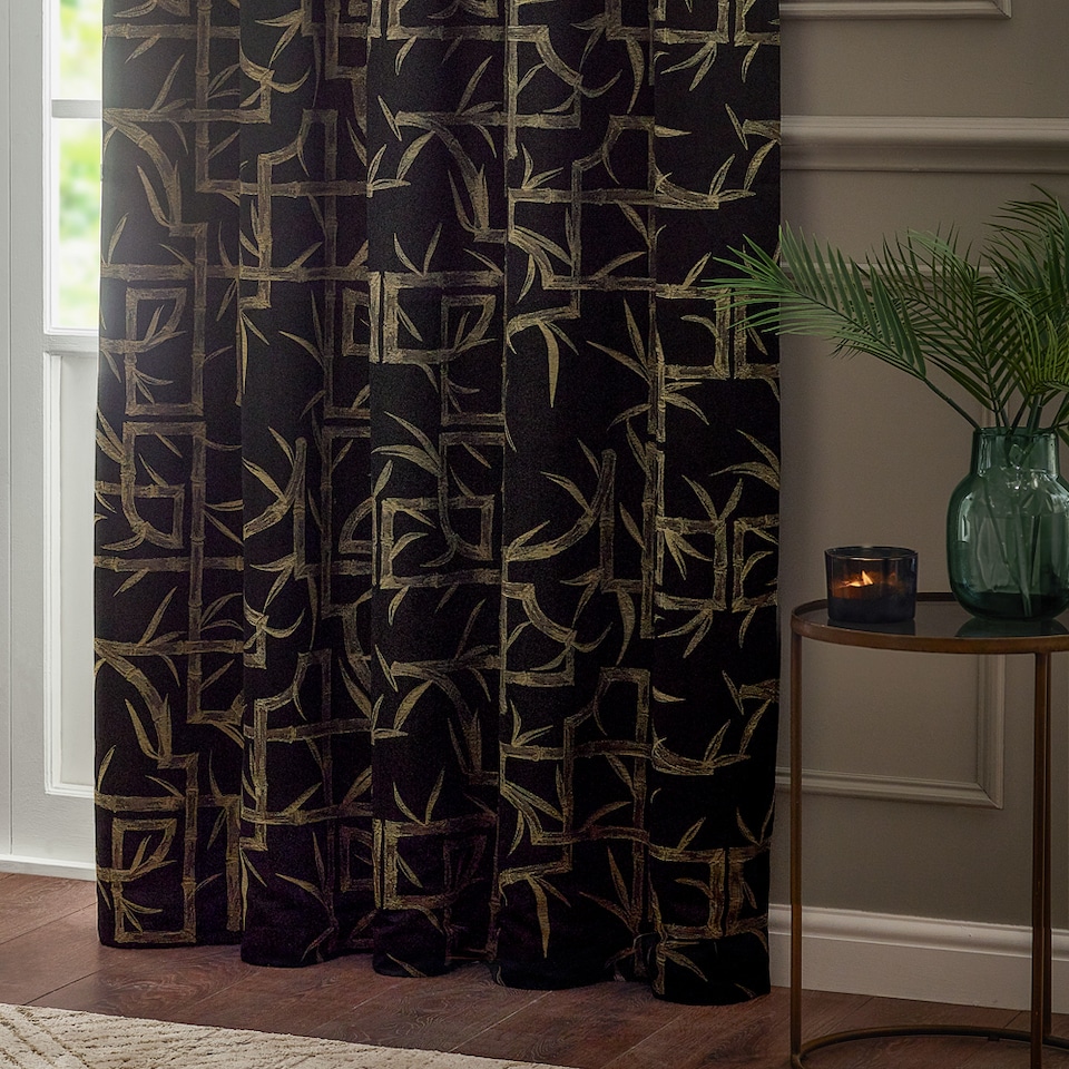 image 1 of Paoletti Bamboo Fully Lined Jacquard Eyelet Curtain Pair, 229cm width x 229cm drop | Black | Black | 1