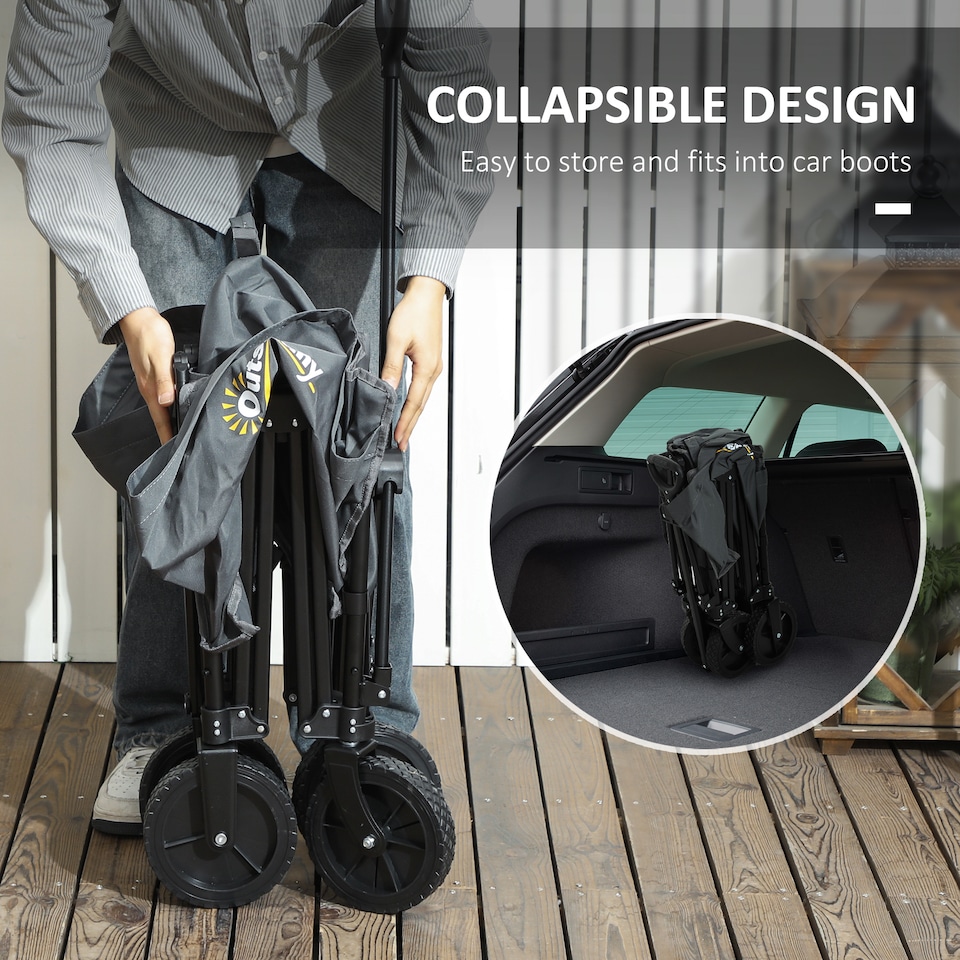 image 1 of Outsunny 120L Folding Collapsible Wagon with Adjustable Handle, Black