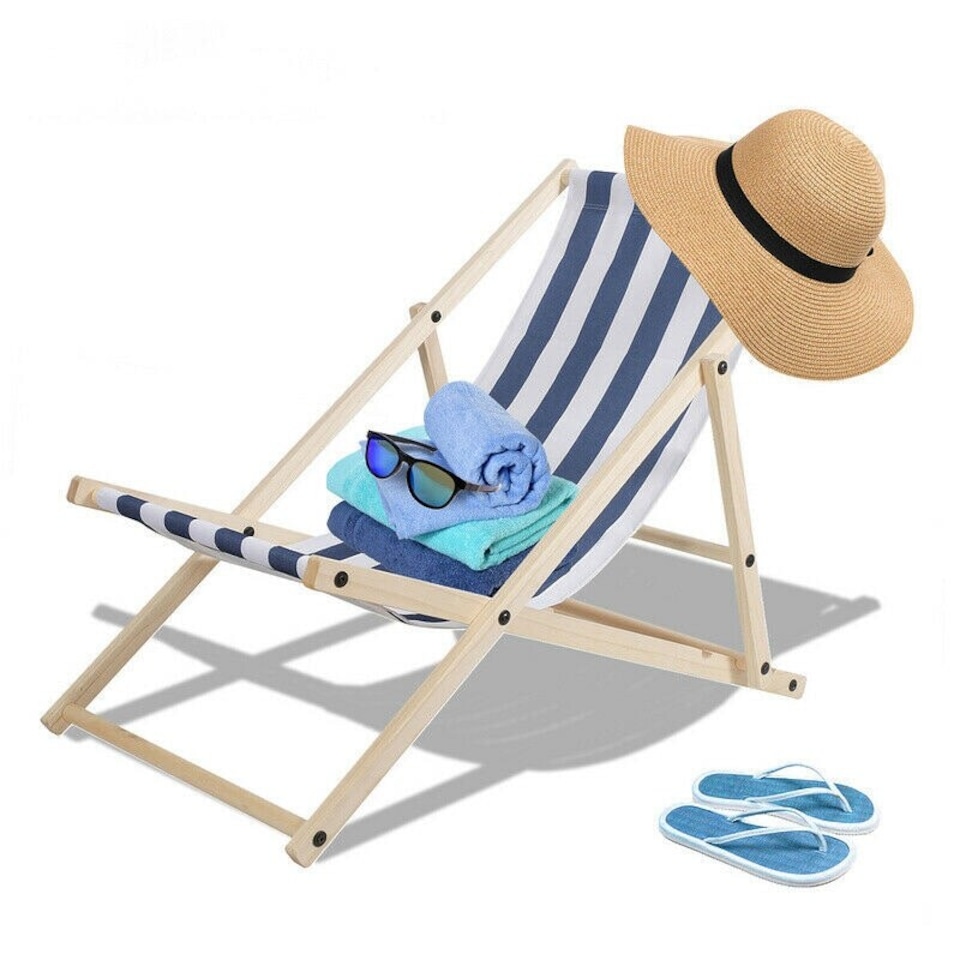 image 1 of Wooden Folding Deck Chair for Garden, Beach, or Patio | Blue