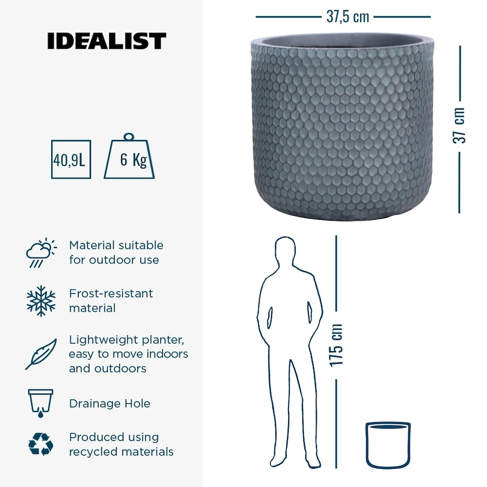 image 1 of Honeycomb Style Green Grey Cylinder Round Outdoor Garden Planter D37.5 H37 cm, 40.9 ltrs Cap.