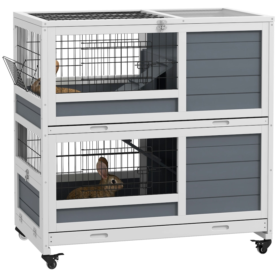 image 1 of PawHut Rabbit Hutch, Indoor Wooden House w/ Wheels, Trays, Grey