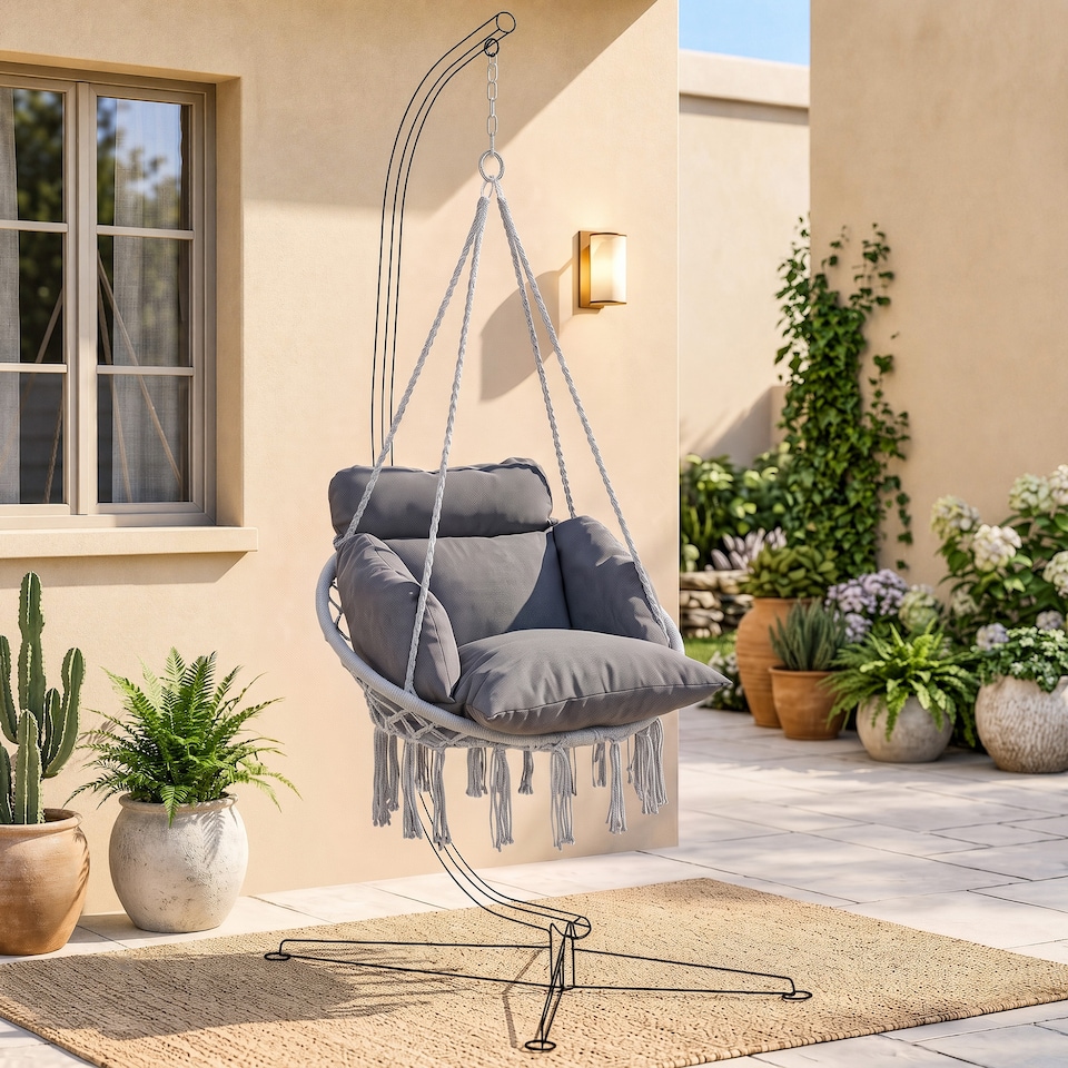 image 1 of Outsunny Hammock Chair, Boho Hanging Swing Chair with Cushion, Dark Grey