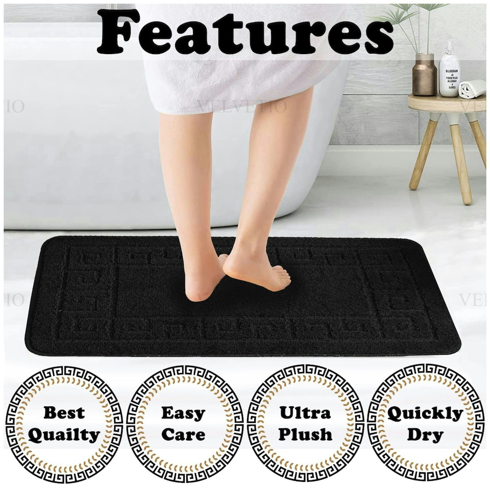 image 1 of VELVETIO Greek Bath Mat & Pedestal Mat Water Absorbent Non Slip Toilet Rugs Black