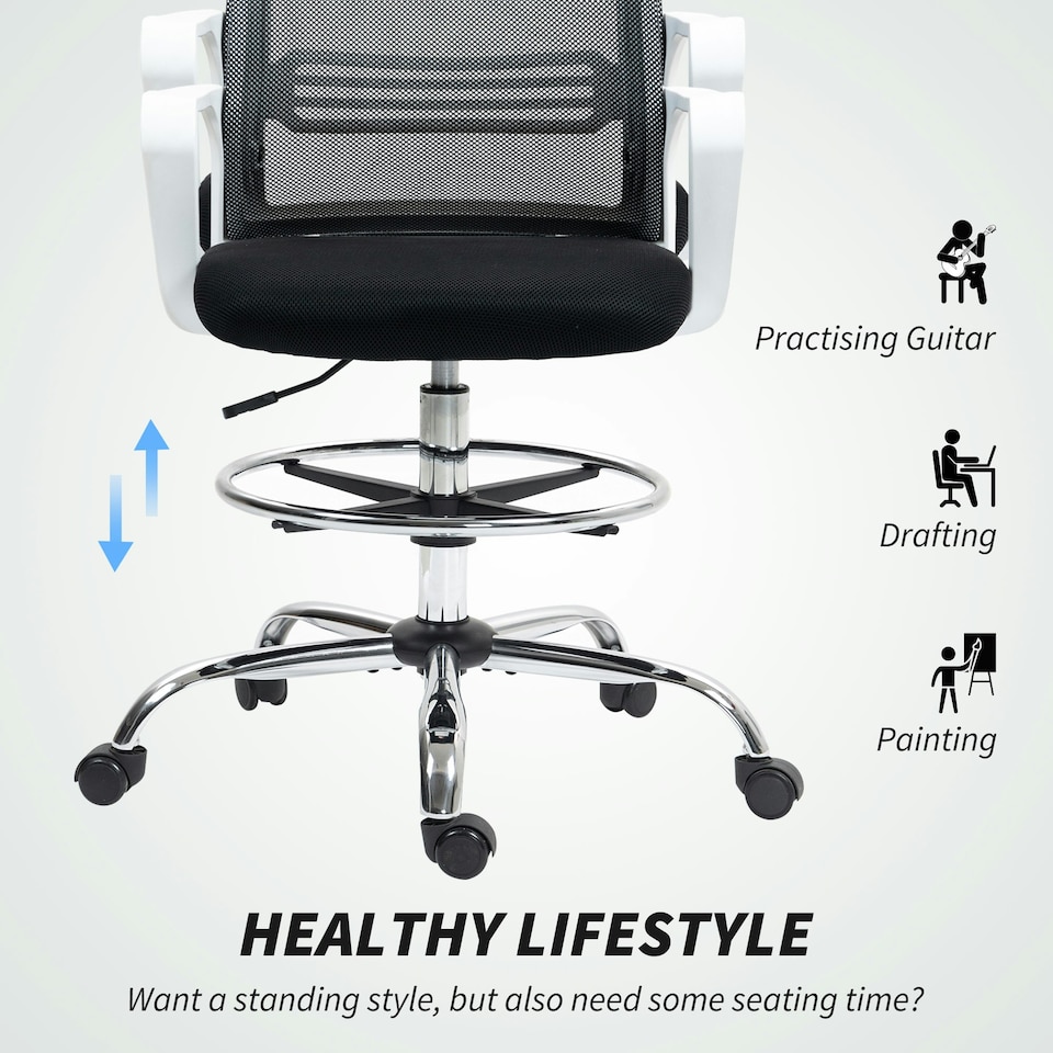 image 1 of HOMCOM Draughtsman Chair, Mesh Ergonomic Drafting Chair, Black Black