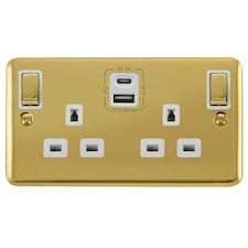 SE HOME Curved Polished Brass 2 Gang 13A DP Ingot Type A & C USB Twin Double Switched Plug Socket White | Polished Brass
