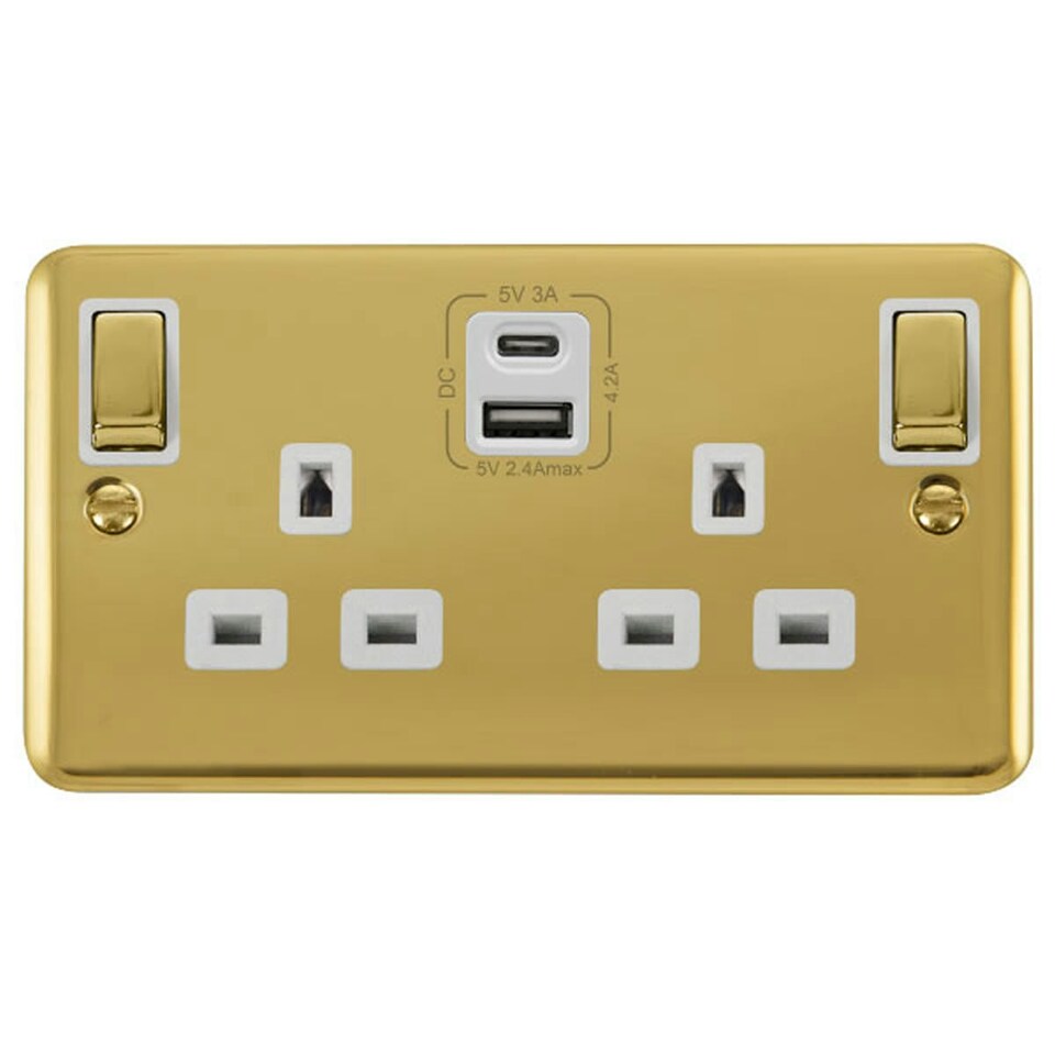 SE HOME Curved Polished Brass 2 Gang 13A DP Ingot Type A & C USB Twin Double Switched Plug Socket White | Polished Brass