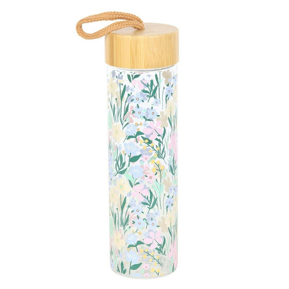 image 1 of Something Different Ditsy Floral Glass Water Bottle - White/Pink/Green - One Size White | One Size