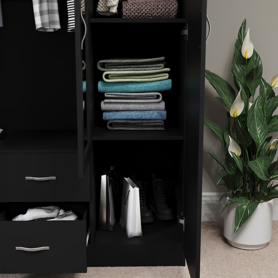 image 1 of Vida Designs Riano 3 Door 2 Drawer Mirrored Wardrobe With Shelf & Clothes Rail, Black