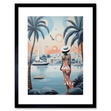 French Riviera Palm Tree Boats Coastal Landscape 9x7" Black Framed Wall Art Print