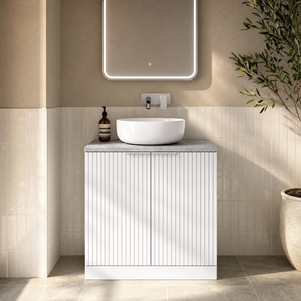 image 1 of Balterley Callingwood Contemporary Floor Standing 2 Door Vanity Unit with Bellato Grey Laminate Worktop , 800mm, Matt White