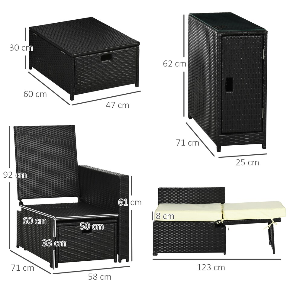 image 1 of Outsunny 5PC PE Rattan Sun Lounger, Outdoor Wicker 5-level Adjustable Recliner Sofa Bed with Storage Side Table and Footstools, for Patio, Garden, Poolside, Black