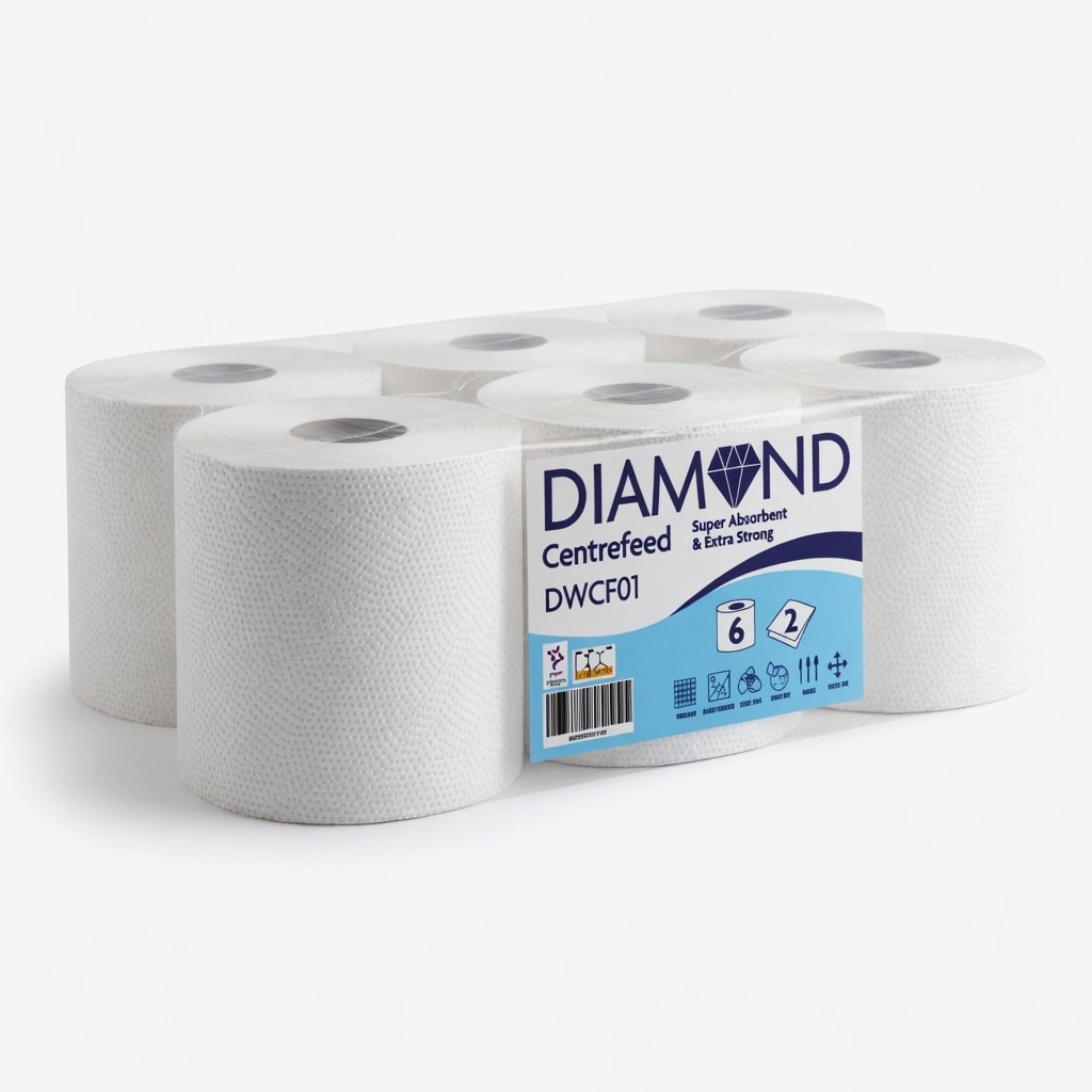 White Centrefeed Paper Rolls, 2-Ply Quilted & Embossed – Super Absorbent & Extra Strong, 6-Roll Pack for Kitchen, Garage, Restaurant & Commercial Cleaning