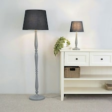ValueLights Victoria Grey Wood Traditional Stem Table Lamp with Black Tapered Drum Shade
