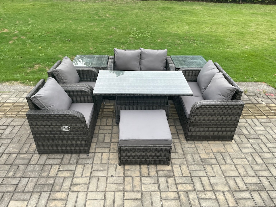 image 1 of Fimous Wicker PE Rattan Furniture Garden Dining Set Outdoor Height Adjustable Rising lifting Table Love Sofa Chair With 2 Side Tables Stools