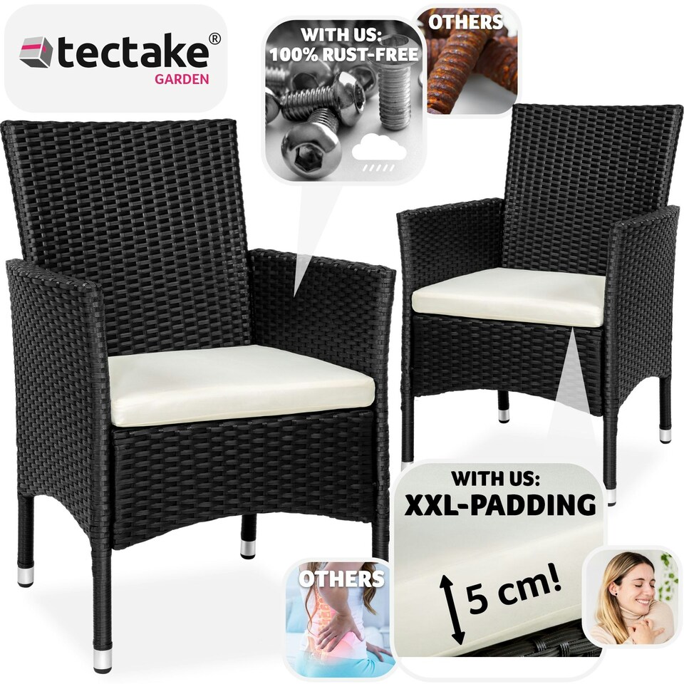 image 1 of Garden Chair Nantes Set of 2 - durable polyrattan, 2 sets of cushion covers Black | Beige