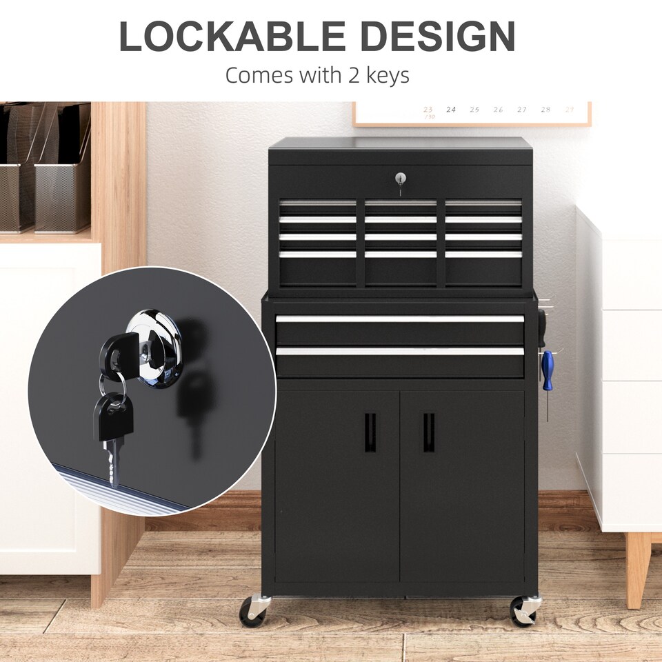 image 1 of HOMCOM Top Chest and Roller Cabinet Combo Metal Tool Cabinet on Wheels Black | Black