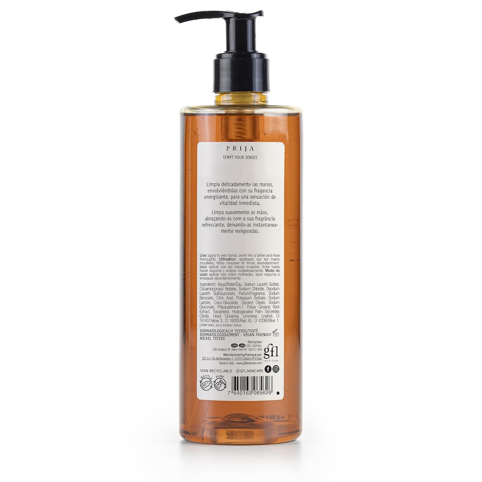 image 1 of Prija Vitalising Hand Wash with Ginseng Extract Gently Cleanses Hands, Moisturising Liquid Hand Soap, Vegan Friendly with Energising Fragrance 380ml