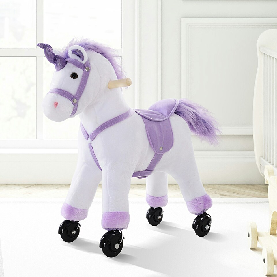 image 1 of HOMCOM Kids Plush Ride-On Unicorn, with Realistic Sounds, Handlebar, Purple