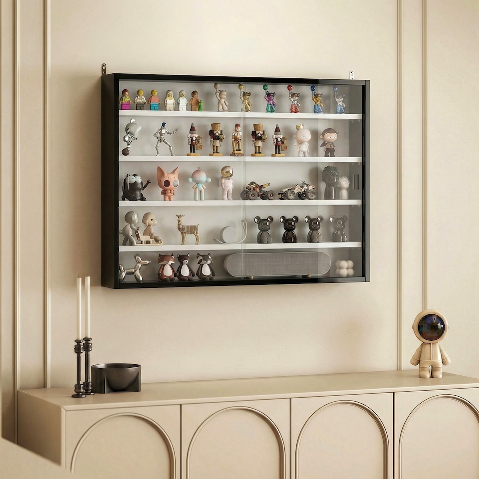 image 1 of HOMCOM 5-Tier Wall Display Shelf Cabinet with Glass Doors, Black and White | Multi | Black with white shelves | Overall size: 80W x 9.5D x 60H cm