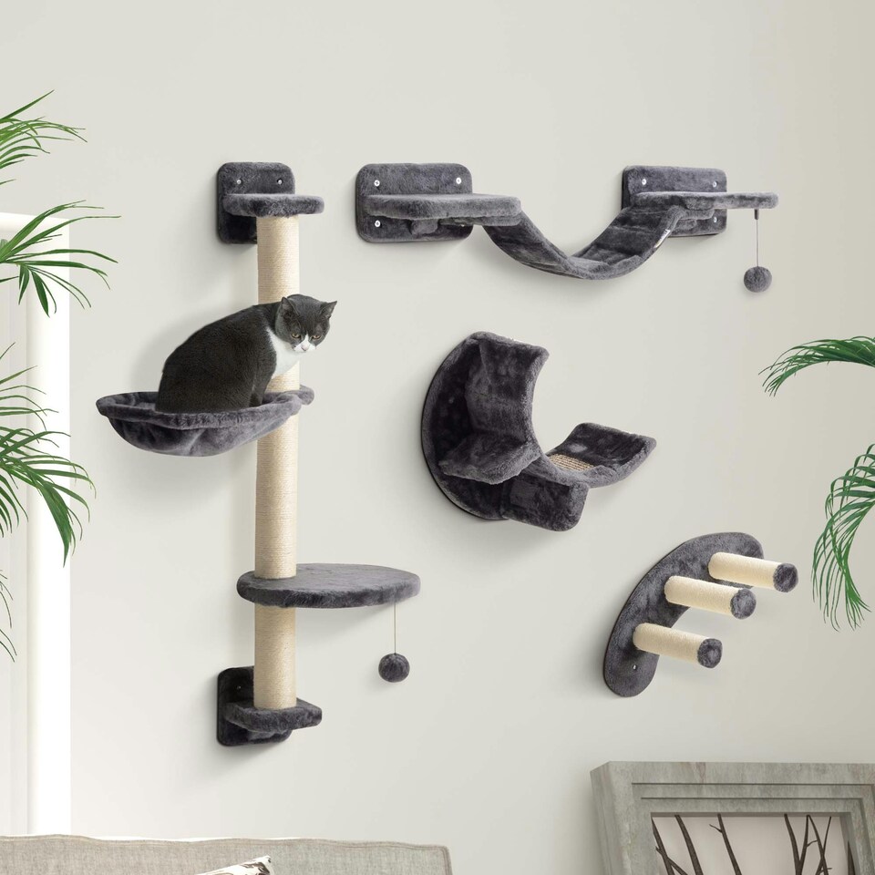 image 1 of PawHut 4-Piece Cat Wall Furniture w/ Hammock, Ladder, Platforms