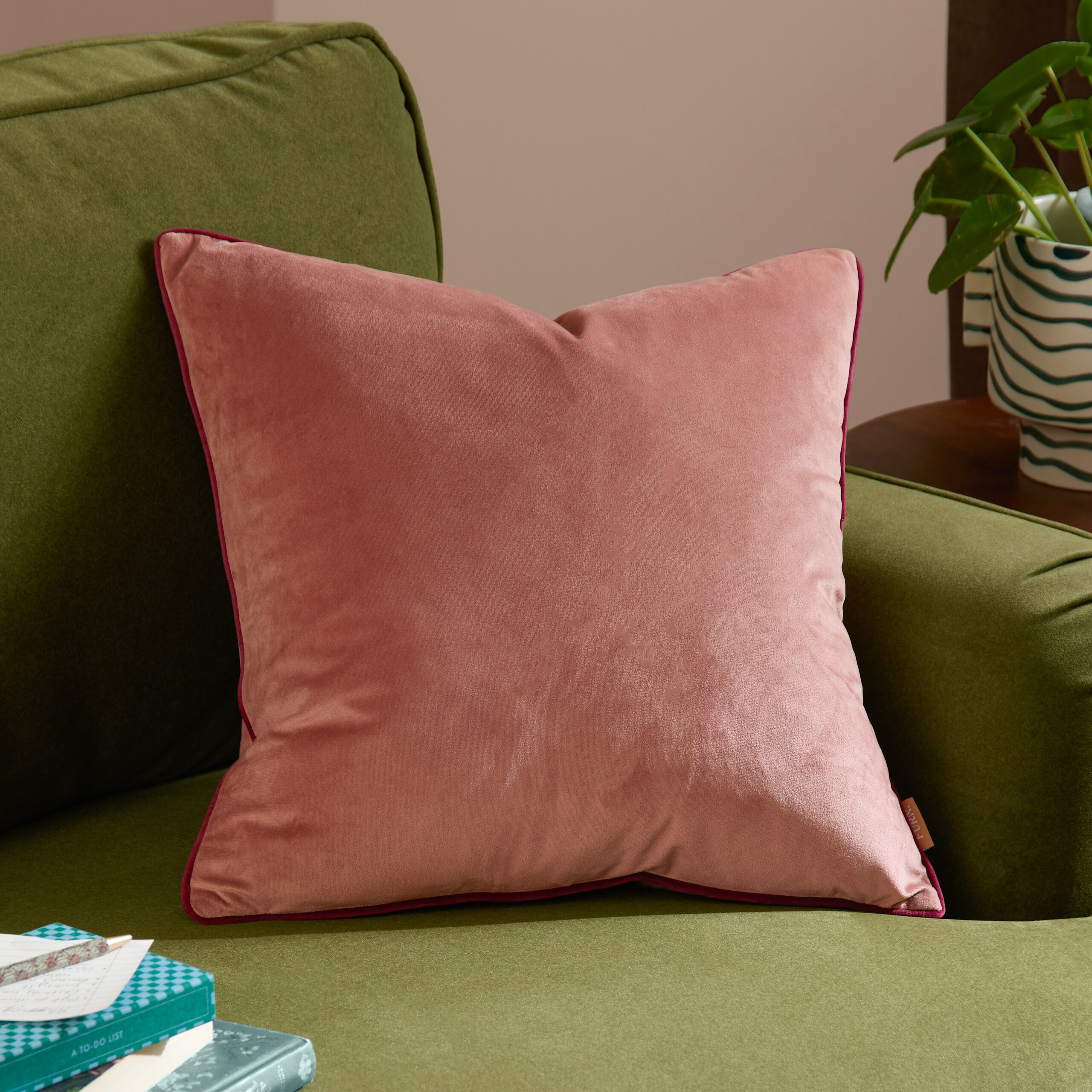 Furn Meridian Plain Velvet Piped Cushion in Peach | Size: 45 cm x 45 cm