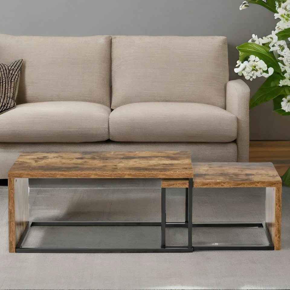 image 1 of Set Of 2 Nesting Tables Industrial Rustic Brown Brown