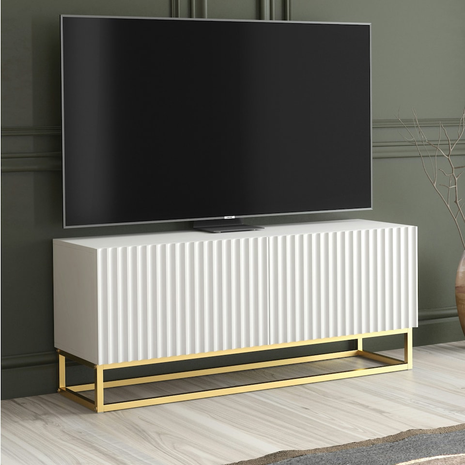 image 1 of TV Unit 100cm White Matt with Fluted Fronts and Gold Legs White