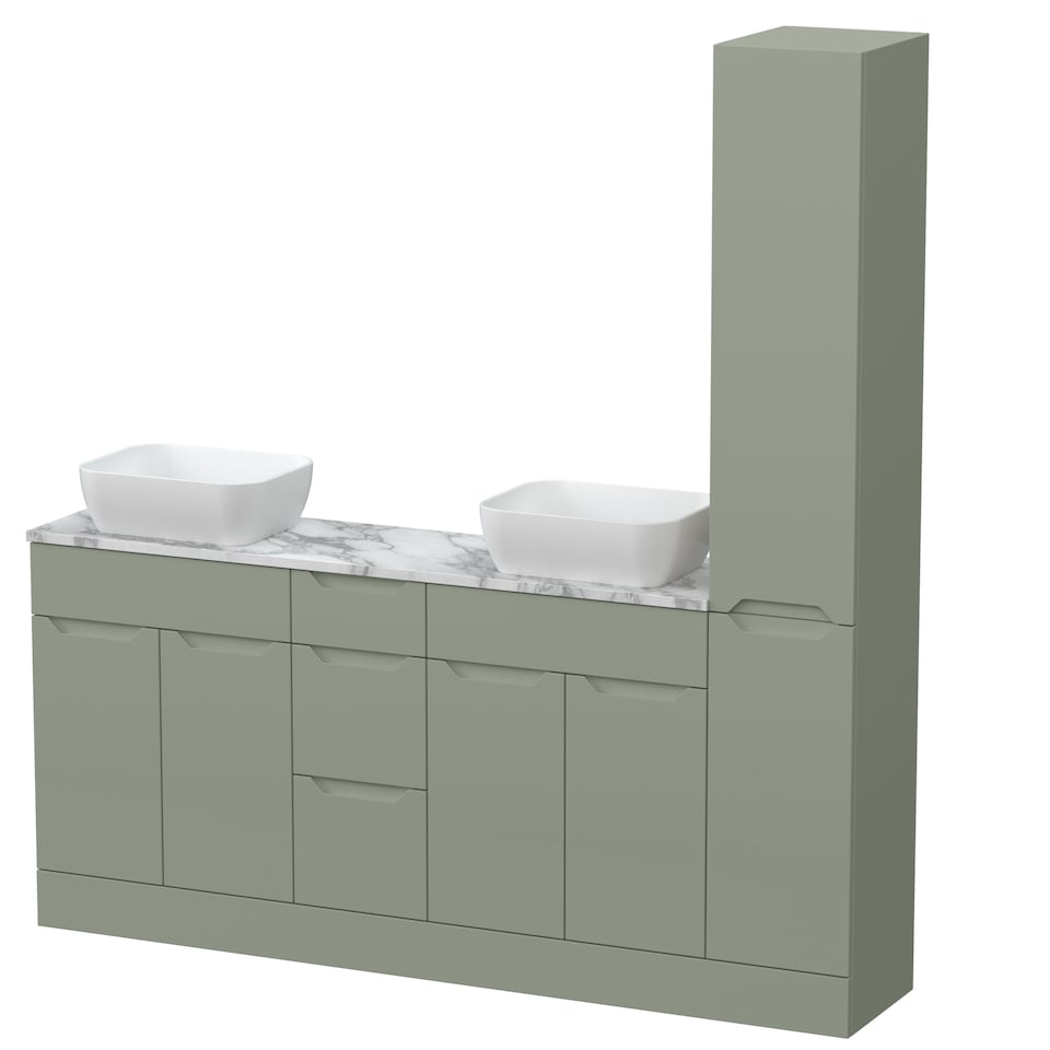 image 1 of Balterley Teddesley Floor Standing 4 Door 3 Drawer Vanity Combination Unit with Tall Unit, Laminate Worktop and Countertop Vessel, 1800mm, Pebble Grey