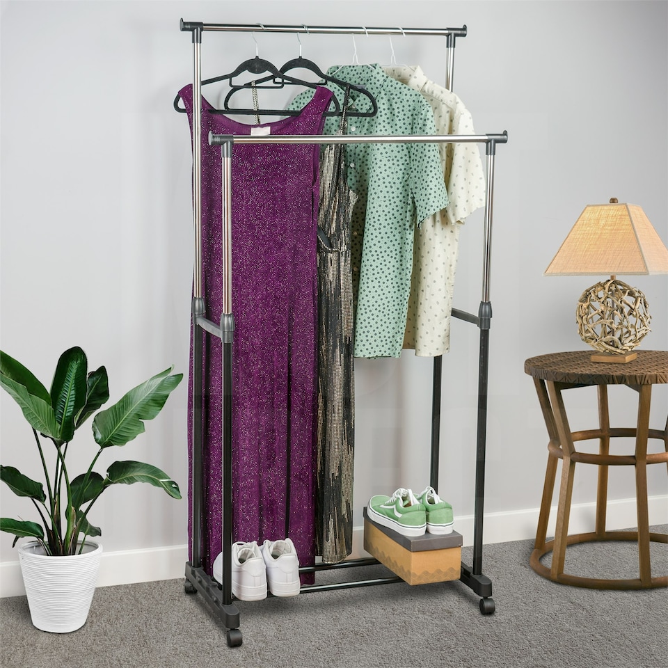 image 1 of KCT Adjustable Double Clothes Rack on Wheels Black | Silver | One Size