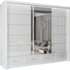 Sleek High Gloss Sliding Wardrobe 255cm with Drawers | White/Black/Grey 3-Door Bedroom Storage White | White255cm