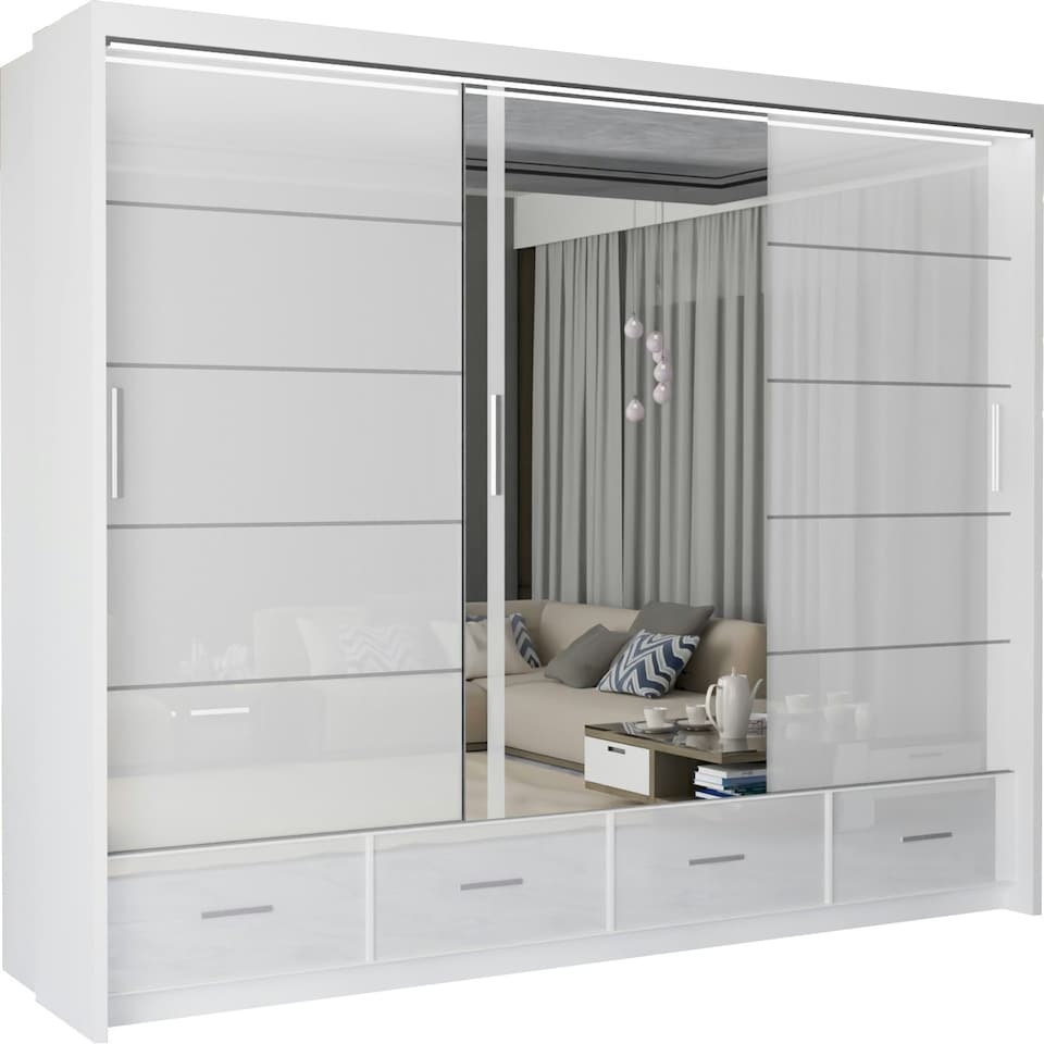 image 1 of Sleek High Gloss Sliding Wardrobe 255cm with Drawers | White/Black/Grey 3-Door Bedroom Storage White | White255cm