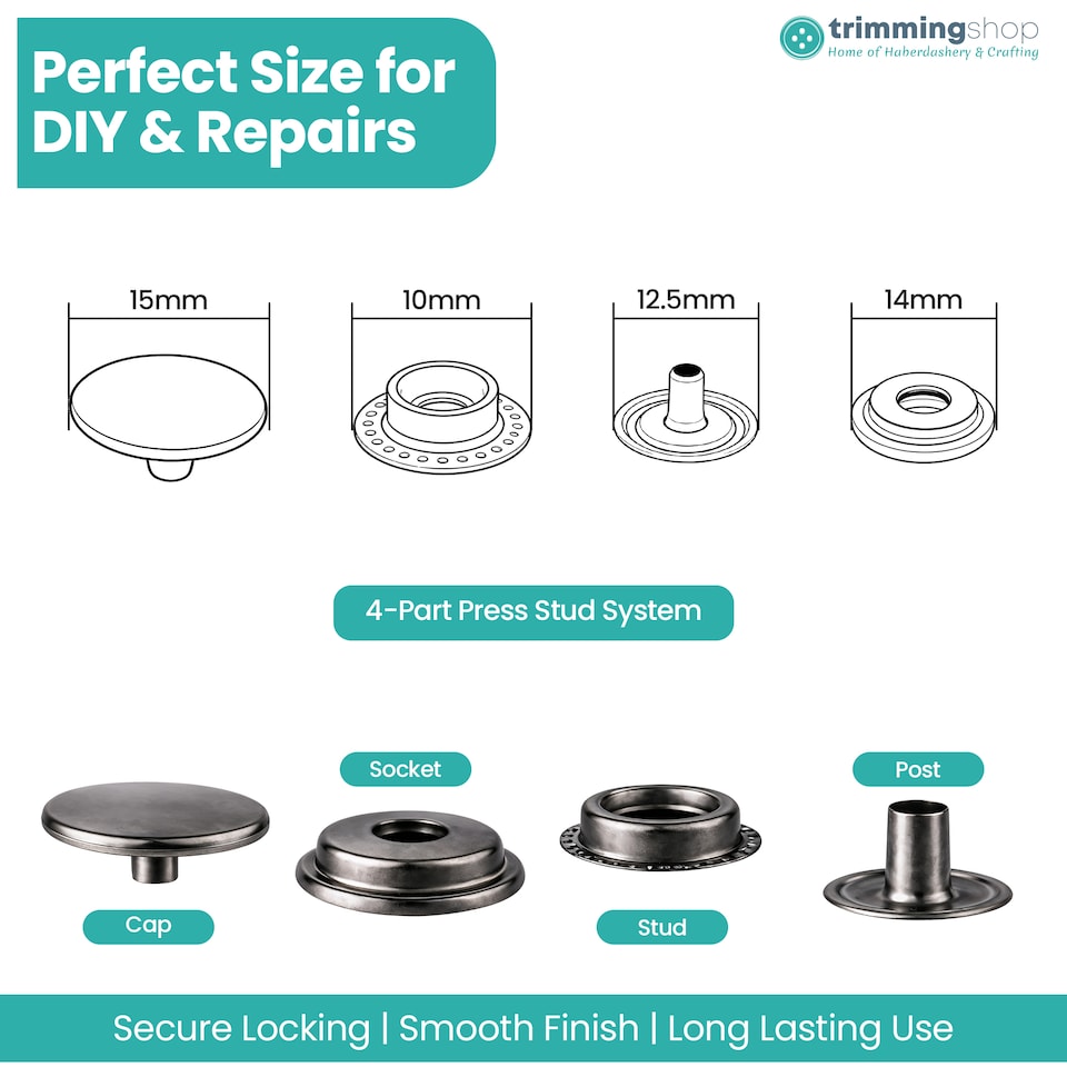image 1 of 15mm Press Studs 4 Part No Sew Buttons, Durable & Lightweight - 100pcs