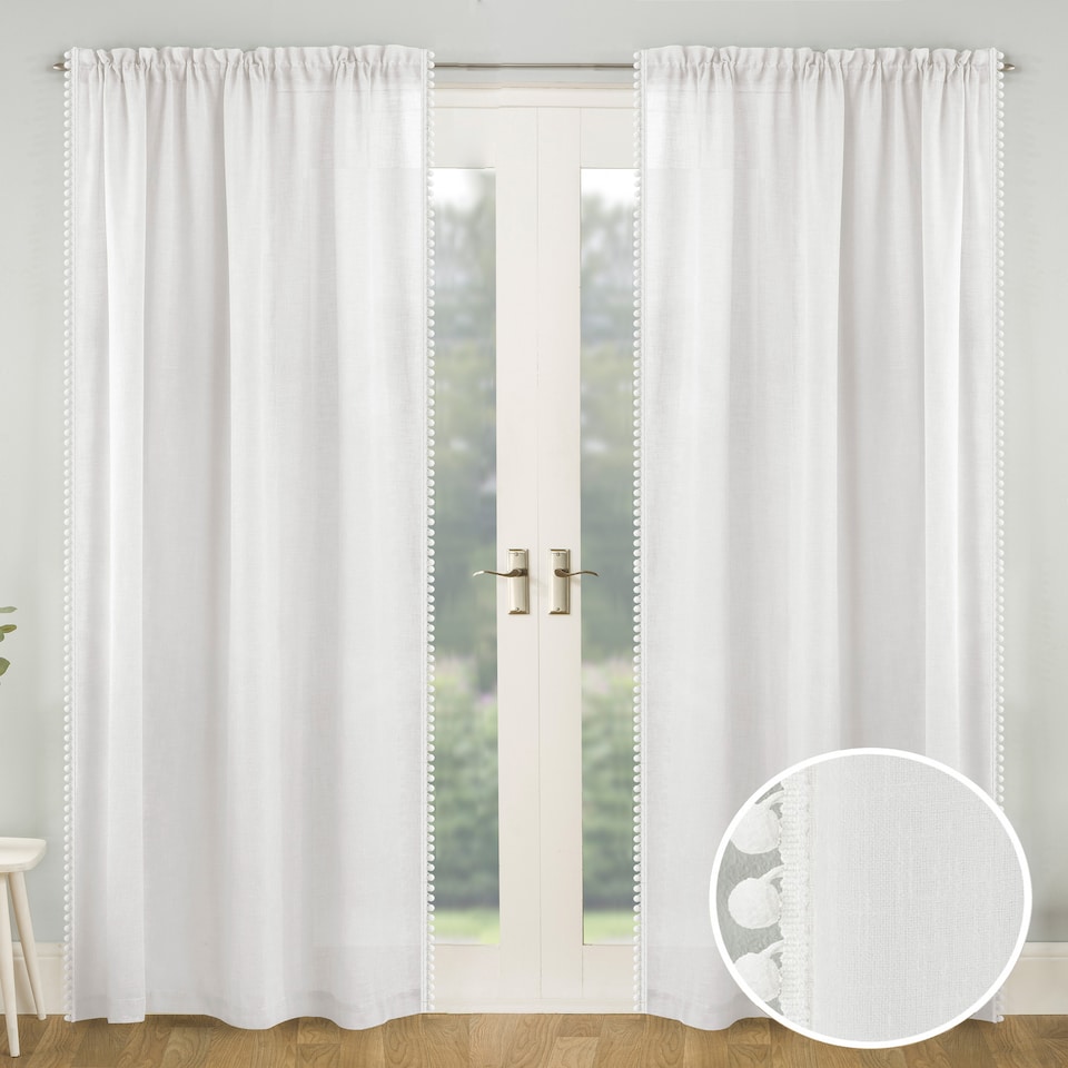 image 1 of Pair of Tahiti White Pom-Pom Trim Linen Look Voile Panels with Rod Pocket Header 183 CMS