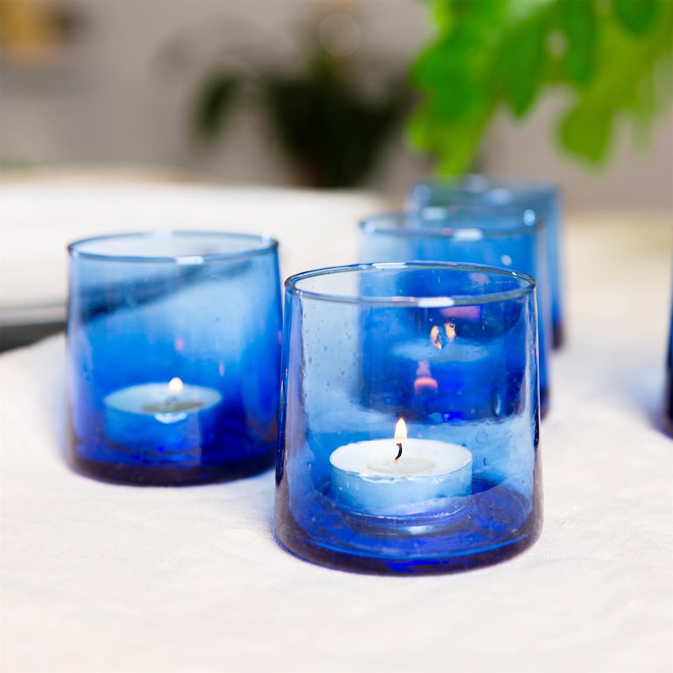 image 1 of Nicola Spring Merzouga Recycled Glass Tealight Holders - 7cm - Blue - Pack of 3 | Blue | Blue