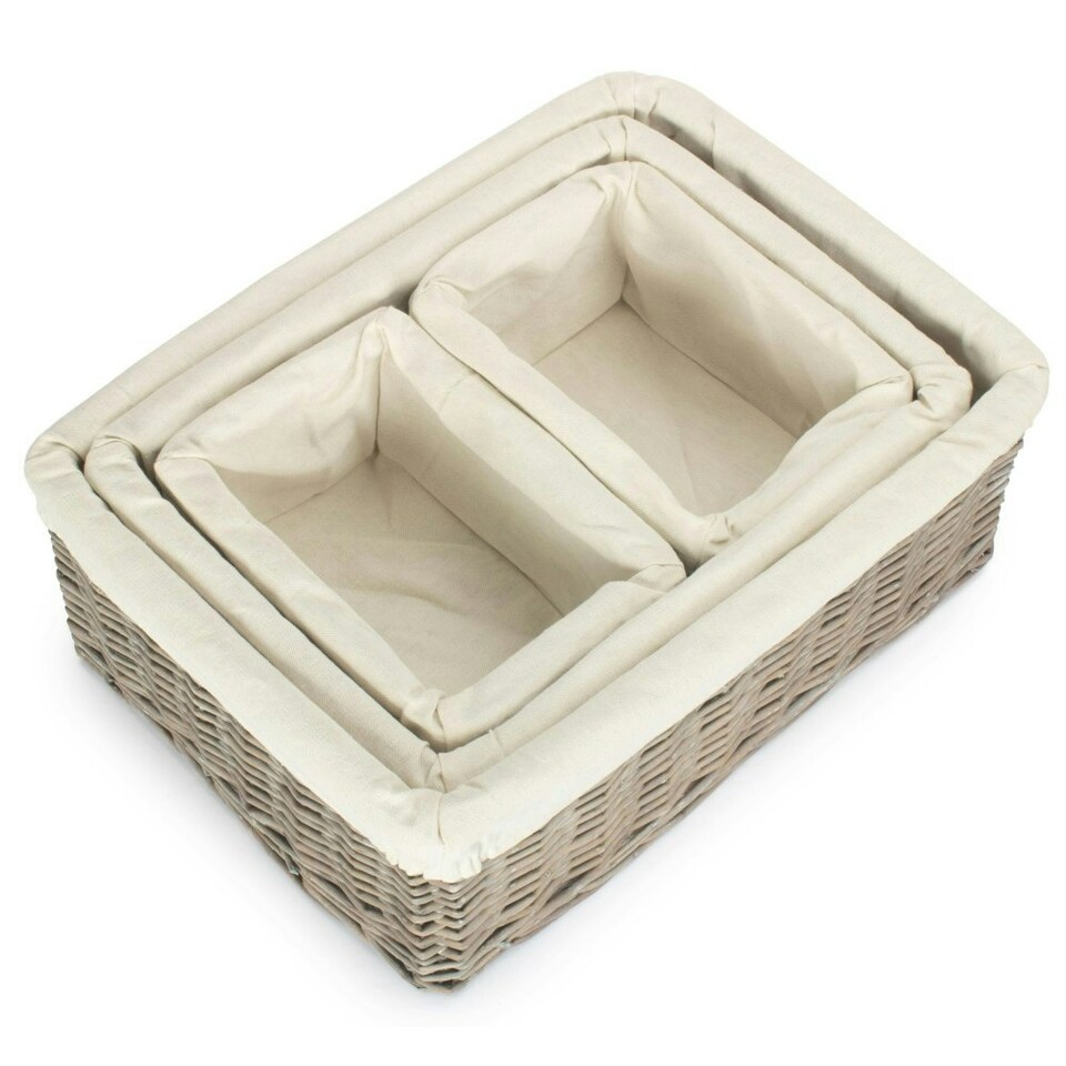 image 1 of Set of 4 Wicker Grey Wash Lined Storage Tray Brown